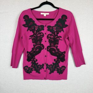 Boston Proper Lace Cardigan Fuchsia Pink with Black Embroidered Lace  Sz S